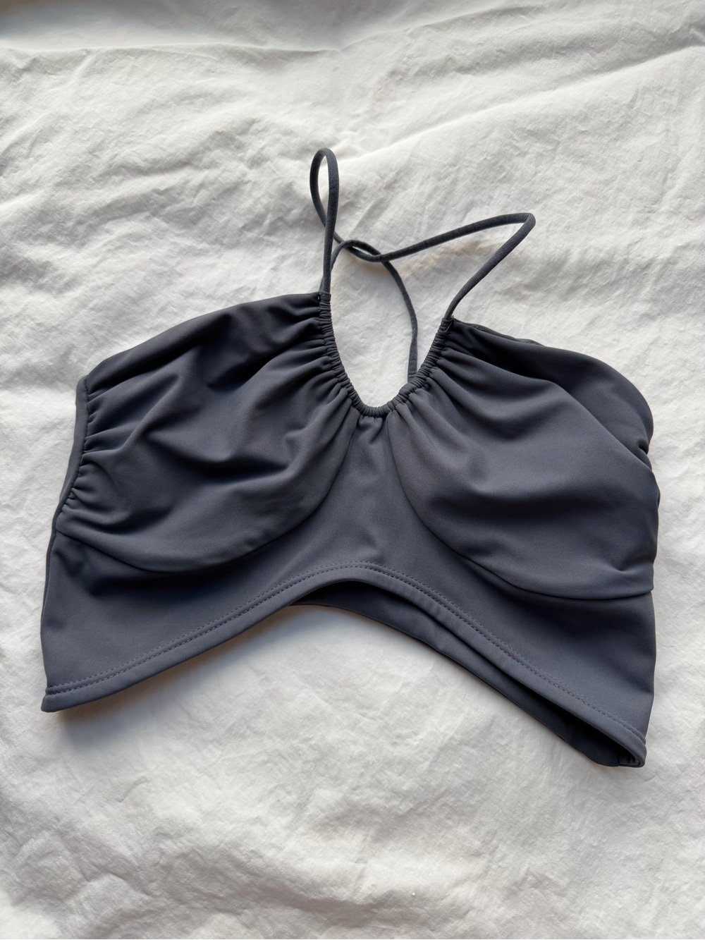 Ruched halter-neck crop top in charcoal gray